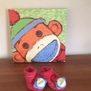 Sock monkey infantbooties & Adorable wall hanging